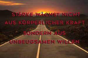 Eine Grafik – die einen realen Sonnenuntergang zeigt – der Slogan darauf ist „ Stärke wächst nicht aus körperlicher Kraft, sondern aus unbeugsamen Willen “. Thomas „ Für den Himmel durch die Hölle “
