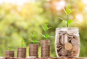 Vier Geldhaufen mit jeweils einer kleinen Pflanze – ein großes Glas mit Geld und einer großen Pflanze – es soll zeigen Investition in Buchschreiben mit Begleitung rentiert sich